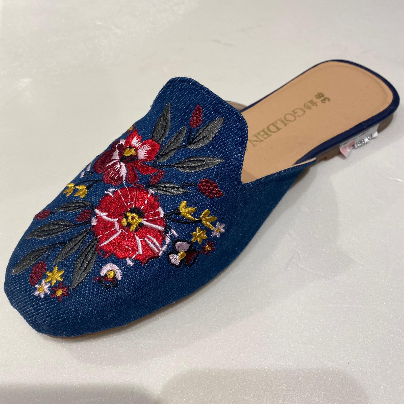 Golden Step女士刺繡拖鞋（普魯士藍）