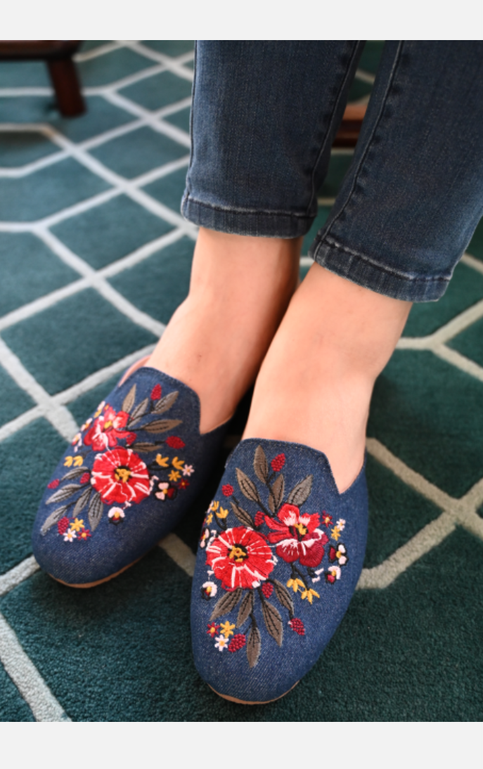 Golden Step女士刺繡拖鞋（普魯士藍）