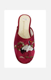 "Golden Step" Lady Emb'd Slippers (Red, White Crane)